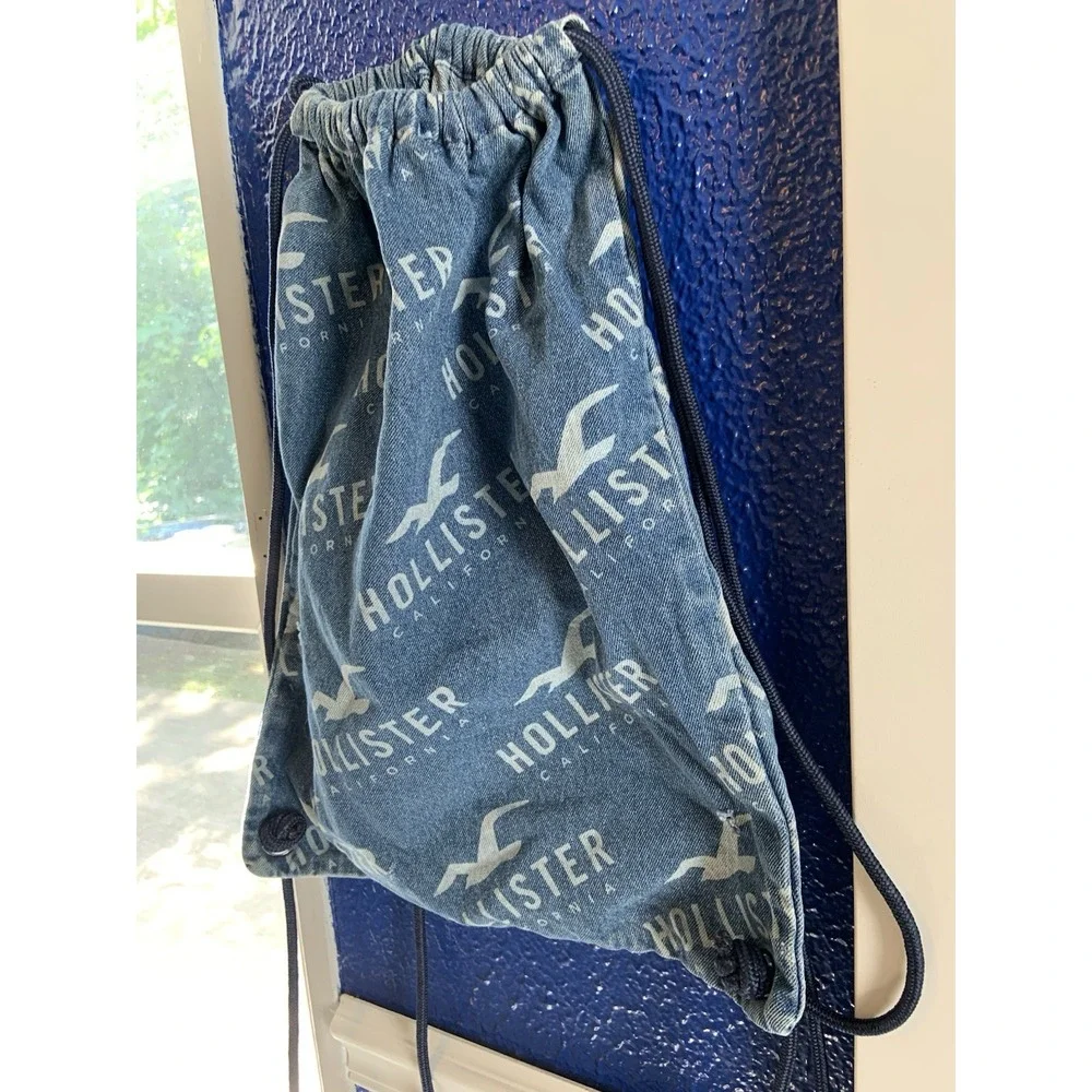 Hollister California Drawstring Backpack Blue Logo Print Cinch Sack Bag School
